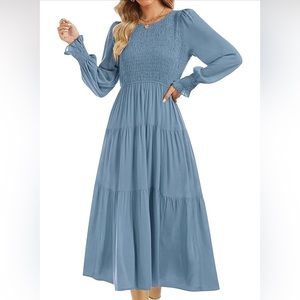 Woman’s Long Sleeve Dress Crew Neck High Waist Smocked Flowy Tiered Midi Dress